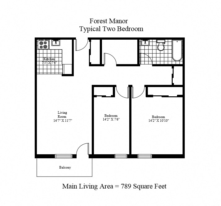 Floor plan for 2 beds, 1 bath, 789 sqft